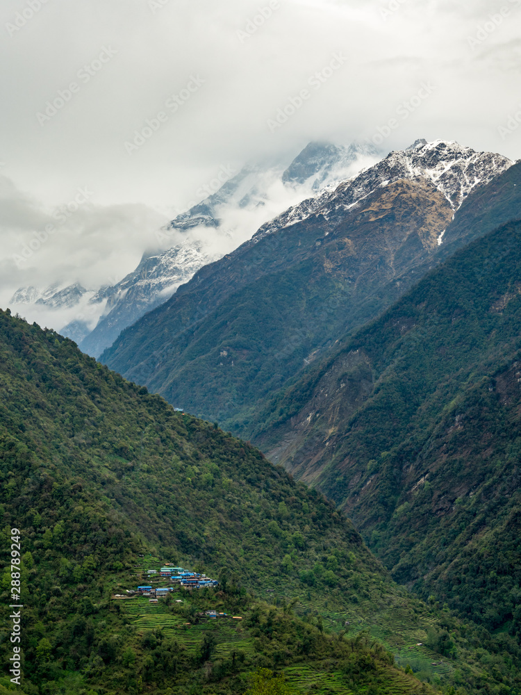 Nepal Village Below Mountain, Annapurna Trek, Machapuchare