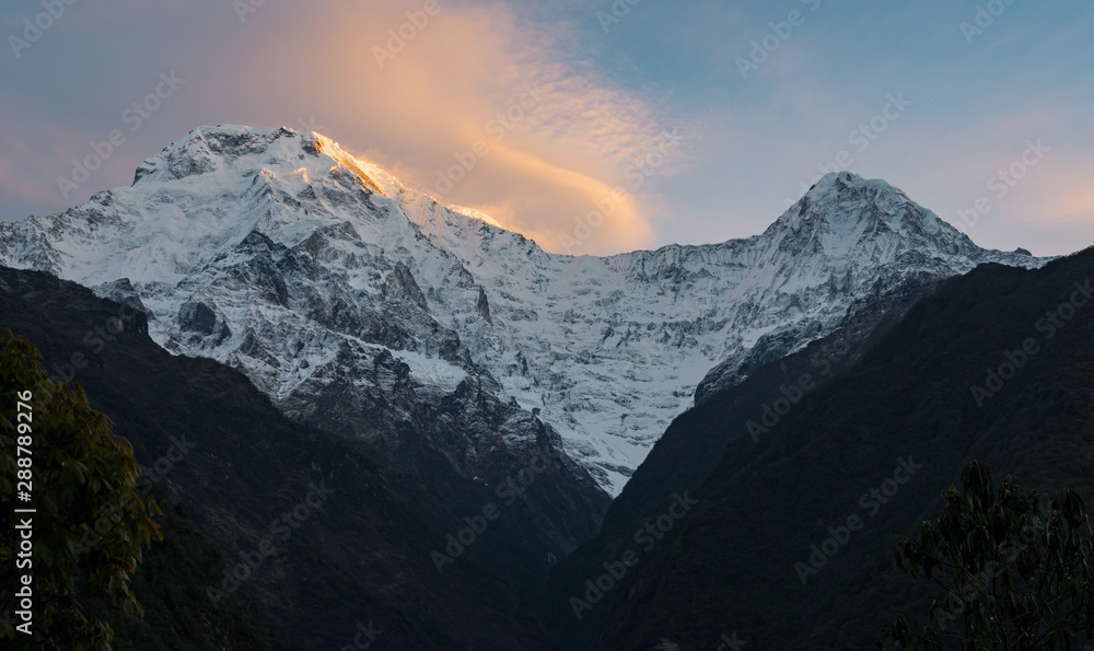 Annapurna South at Sunrise, Snowcapped Himalayan Mountain, Nepal
