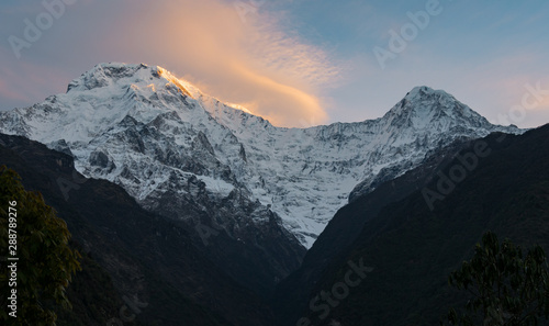 Annapurna South at Sunrise, Snowcapped Himalayan Mountain, Nepal