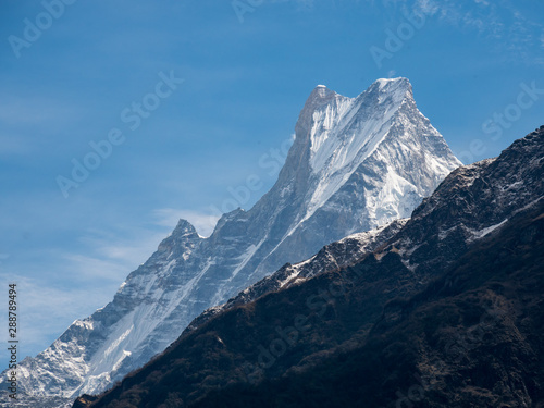 Nepal Mountain Peak, The Fish Tail, Machapuchare Under Blue Skies