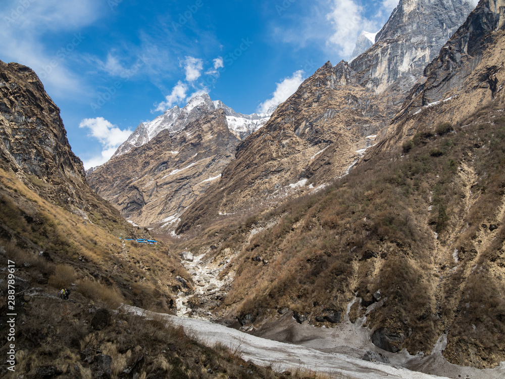 Himalayan Mountain Valley in Nepal, Icy River