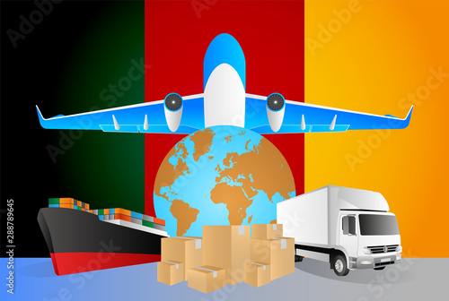 Cameroon logistics concept illustration. National flag of Cameroon from the back of globe, airplane, truck and cargo container ship