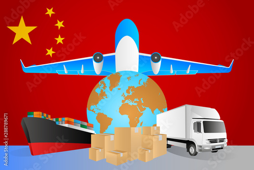 China logistics concept illustration. National flag of China from the back of globe, airplane, truck and cargo container ship