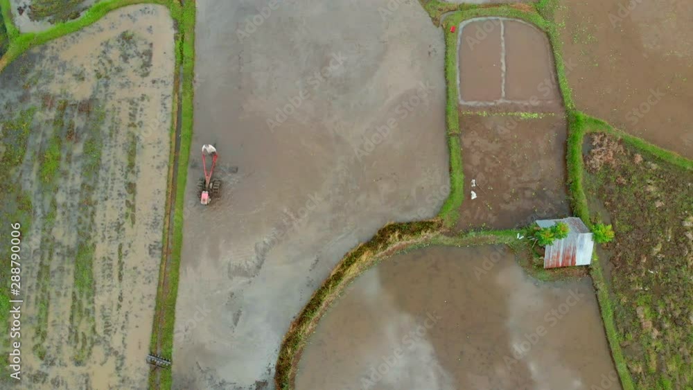 Aerial view on a farmer that preparing a rice field for planting using tiller tractor. Beautiful rural scene Aerial view on a farmer that preparing a rice field for planting using tiller tractor. Beautiful rural scene