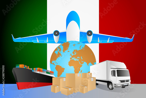 Italy logistics concept illustration. National flag of Italy from the back of globe, airplane, truck and cargo container ship