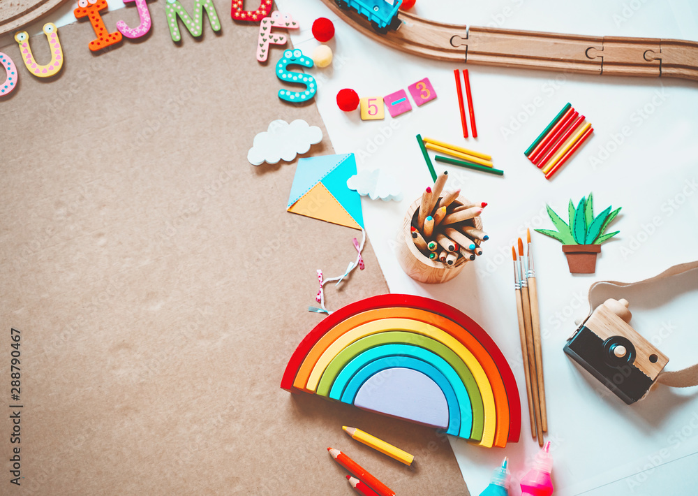 Kindergarten or preschool background. Art child frame with empty paper