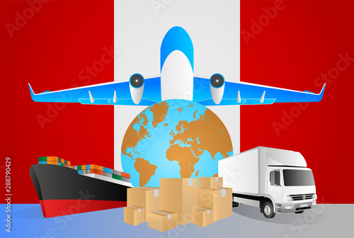 Peru logistics concept illustration. National flag of Peru from the back of globe, airplane, truck and cargo container ship