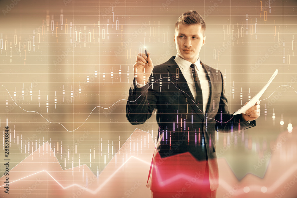 Businessman and forex graph hologram. Double exposure. Concept of financial education and analysis Businessman and forex graph hologram. Double exposure. Concept of financial education and analysis