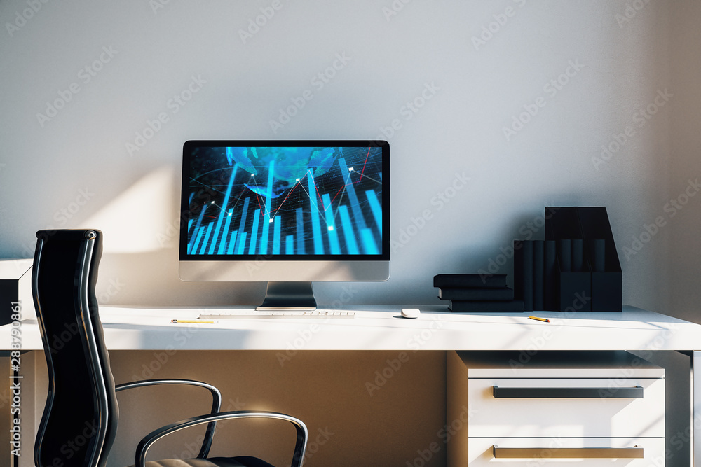 Cabinet desktop interior with financial charts and world map on computer screen. Concept of international market analysis and trading. 3d rendering. Cabinet desktop interior with financial charts and world map on computer screen. Concept of international market analysis and trading. 3d rendering.