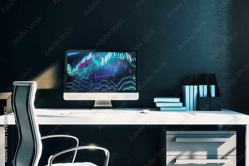 Cabinet desktop interior with financial charts and graphs on computer screen. Concept of stock market analysis and trading. 3d rendering. Cabinet desktop interior with financial charts and graphs on computer screen. Concept of stock market analysis and trading. 3d rendering.