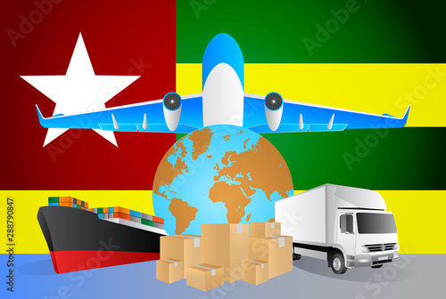 Togo logistics concept illustration. National flag of Togo from the back of globe, airplane, truck and cargo container ship