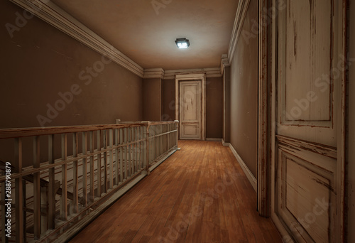 Old ruined house stairs wooden floor