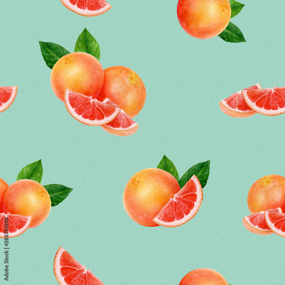 Grapefruit hand drawn watercolor illustration. Seamless pattern.