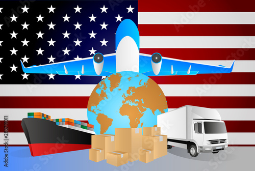 USA logistics concept illustration. National flag of USA from the back of globe, airplane, truck and cargo container ship