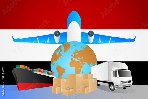 Yemen logistics concept illustration. National flag of Yemen from the back of globe, airplane, truck and cargo container ship