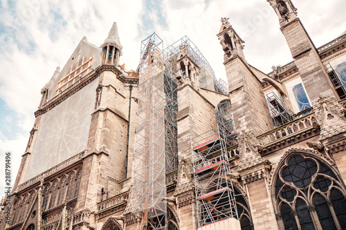 Work on the reconstruction of the Notre Dame De Paris building after the fire disaster in April 2019