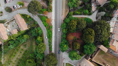 Aerial road from vignola to savignano with cars and Panaro river Vignola September 2019 Modena Emilia Romagna Italy 4K