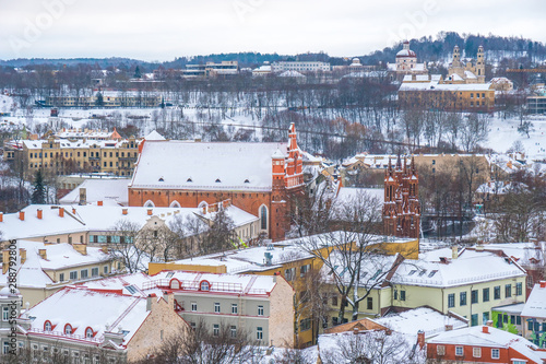Areal view of old town of Vilnius, Lietuva in winter.