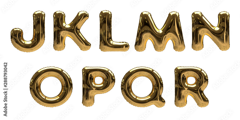 Gold Foil Helium Balloon Alphabet Letters J, K, L, M, N, O, P, Q, R isolated on a white background