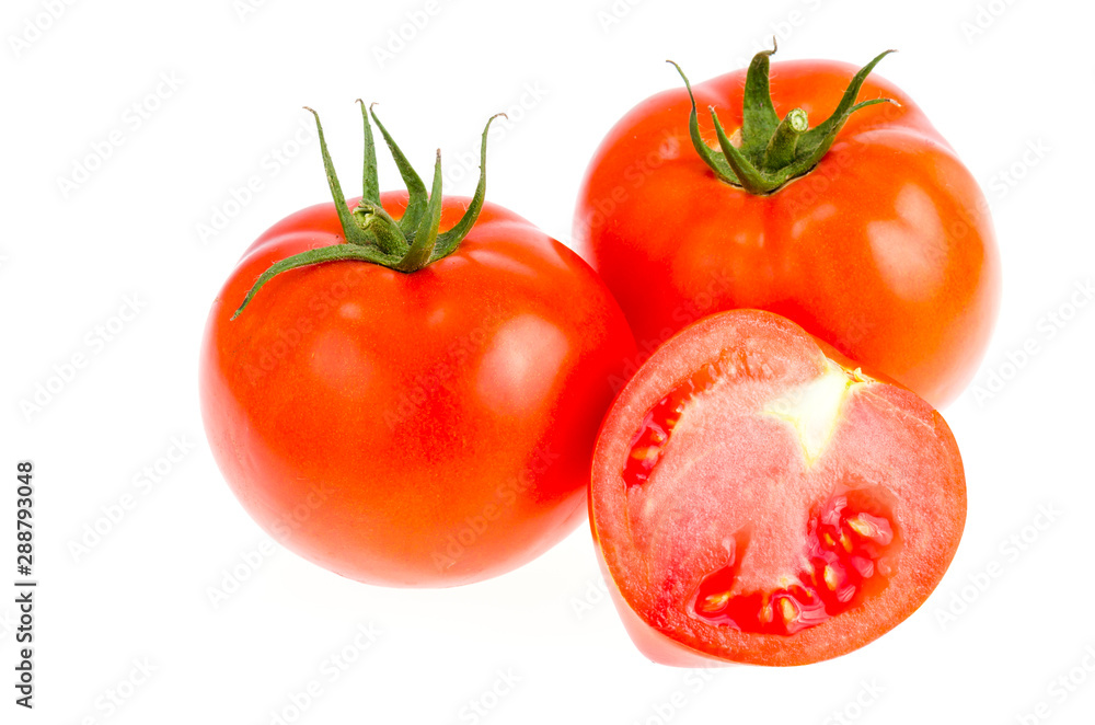 Ripe juicy red tomatoes isolated on white background. Ripe juicy red tomatoes isolated on white background.