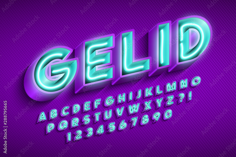 Neon light 3d alphabet, extra glowing original font.