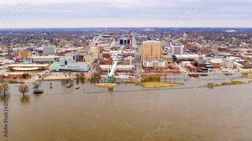 Aerial View Davenport Iowa Waterfront Mississippi River Flooding