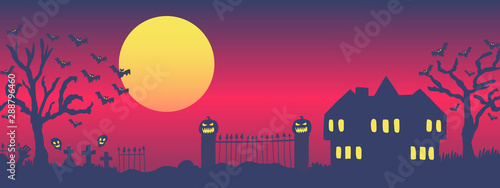 Halloween night silhouette landscape background with graveyard, cemetery, dark witch house, dead trees and Halloween  pumpkins on full moon. Halloween vector illustrationctor illustration
