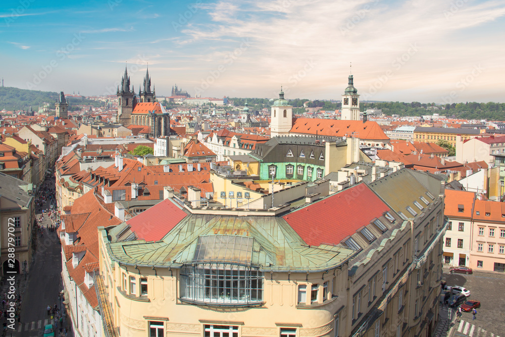 Beautiful view of the Old Town Square, and Tyn Church and St. Vitus Cathedral in Prague, Czech Republic