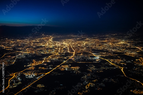 Aerial view of a city of Moscow at night. City of Moscow picture made from airplane.