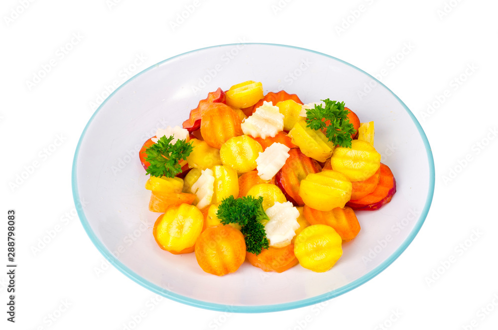 Tasty vegetarian salad of colorful carrots on white background.