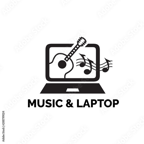 Monitor screen computer with guitar and music notes illustration arts logo design