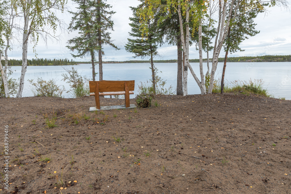 Bench at Long Lake in Yellowknife, Northwest Territories, Canada