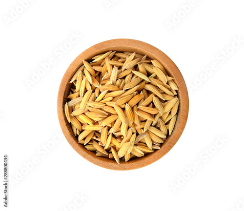 Steamed rice in wood bowl on white background