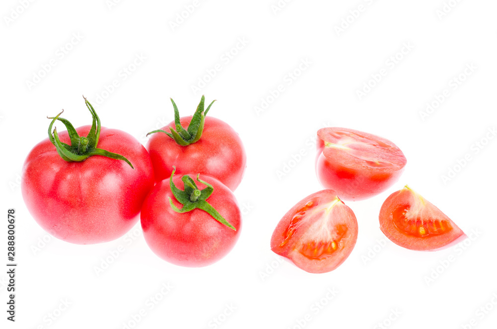 Fresh red and pink tomatoes isolated on white background Fresh red and pink tomatoes isolated on white background