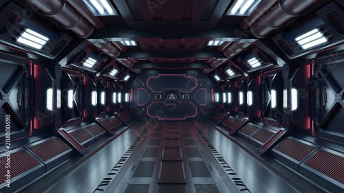 Fotografie, Obraz Science background fiction interior rendering sci-fi spaceship corridors red light