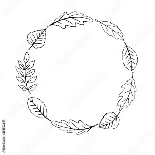 Frame with leaves. Hand drawn autumn set with contoured leaves isolated on white background. Autumn collection for your design.