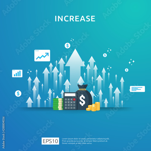 income salary rate increase. Finance performance of return on investment ROI concept with arrow. business profit growth margin revenue. cost sale icon. dollar symbol flat style vector illustration