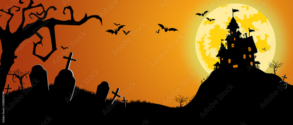 Halloween and the castle on a full moon night and bats flying in the ...