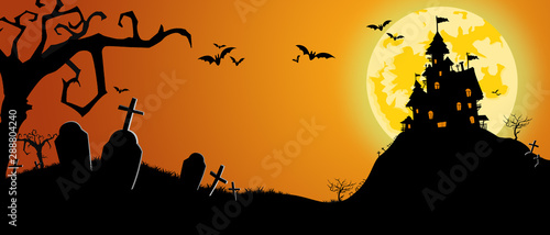 Halloween and the castle on a full moon night and bats flying in the sky, with graves and crosses around, castles of strange shapes