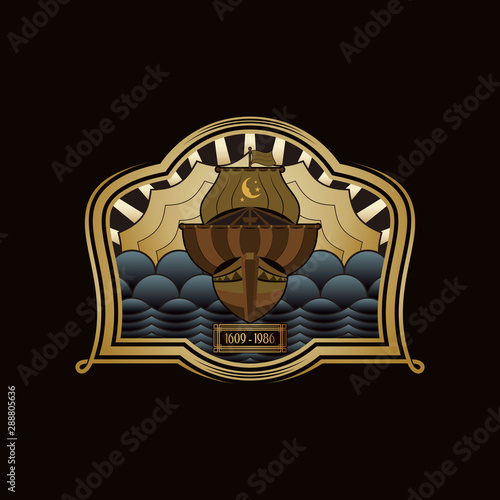 coat of arms deco art boat on the sea vintage, gold
