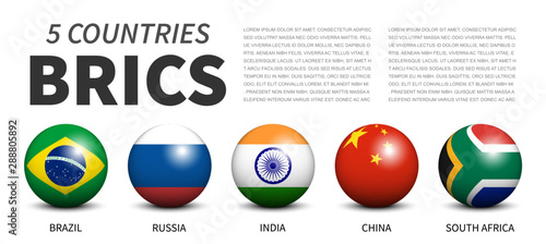 BRICS . association of 5 countries . Banner 3D sphere ball design . White isolated background . Vector .