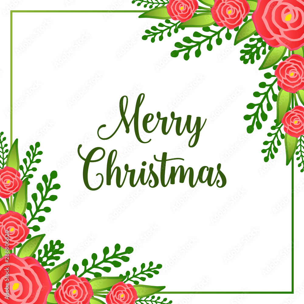 Calligraphic lettering of merry christmas, with decoration elegant red rose floral frame. Vector