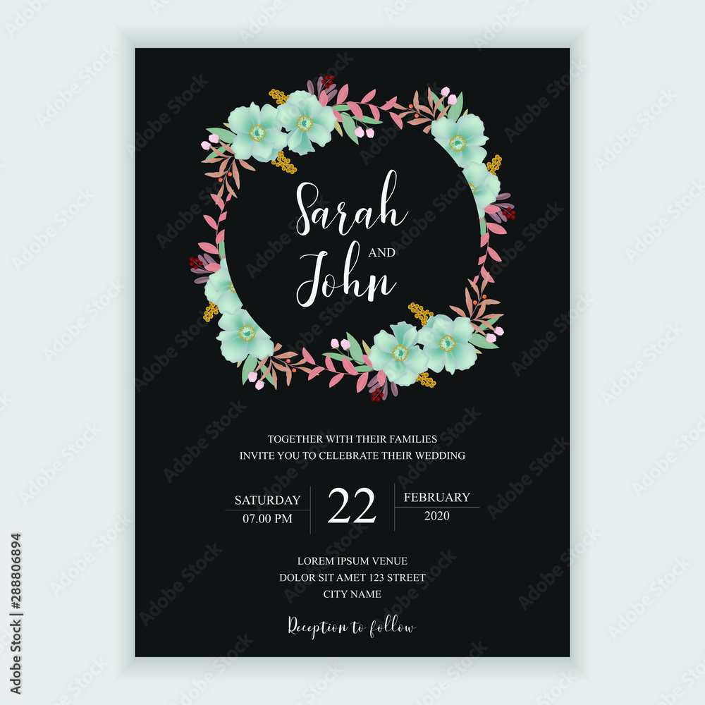Wedding invitation card template with blue flower