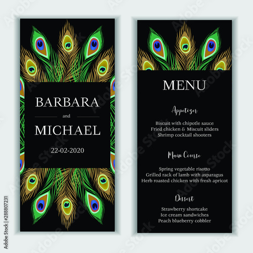 Menu card template with peacock feather