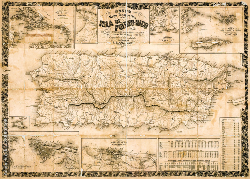 Antique topographical map of Puerto Rico 1863 while under Spanish rule