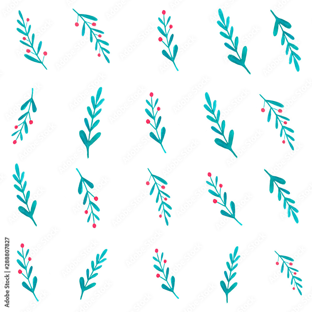 Obraz premium Mistletoe twigs seamless pattern. Christmas season decorative botanical elements on white background. Watercolor evergreen ilex, wrapping paper design
