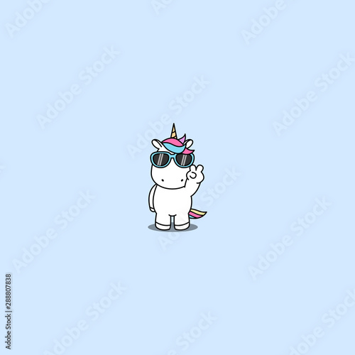 Cute unicorn with sunglasses doing victory sign, vector illustration