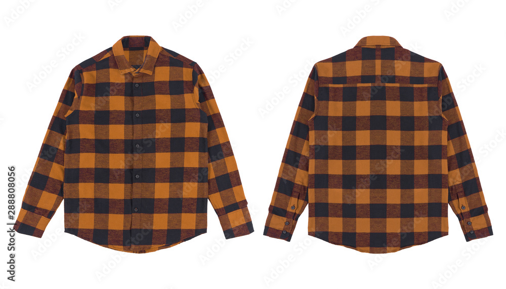 Αυτοκόλλητο Flannel long sleeve shirt with a checkered pattern in black brown color, isolated on white background