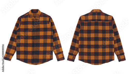 Flannel long sleeve shirt with a checkered pattern in black brown color, isolated on white background. Set of flannel shirt front and back view. photo