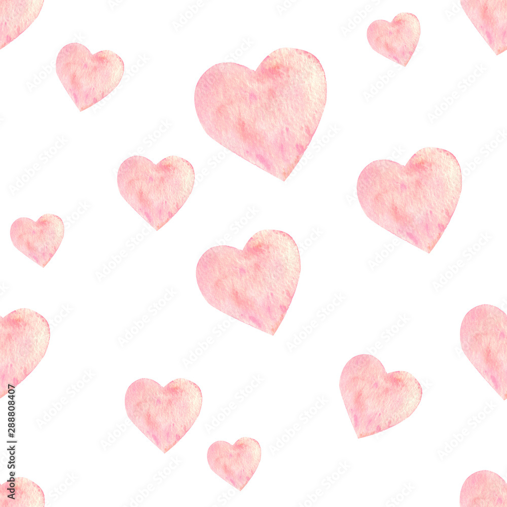 Watercolor hearts  seamless pattern.  Pink romance symbols on white background. Pastel multicolor hearts. St Valentines day wrapping paper design. Romantic textile print